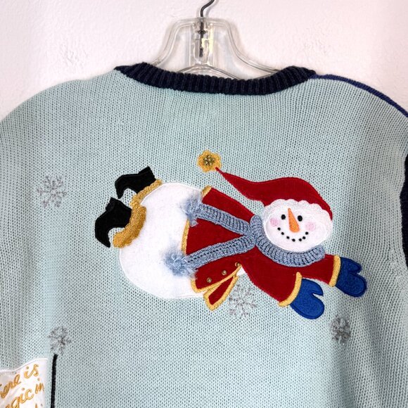 Vintage Quacker Factory Christmas Holiday Sweater Blue Embroidered Patches Large - Picture 7 of 13
